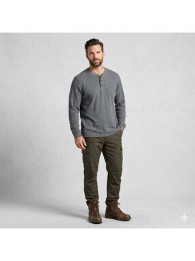 L.L. Bean Unshrinkable Mini Waffle Henley XL Gray Traditional Fit Thermal 502224